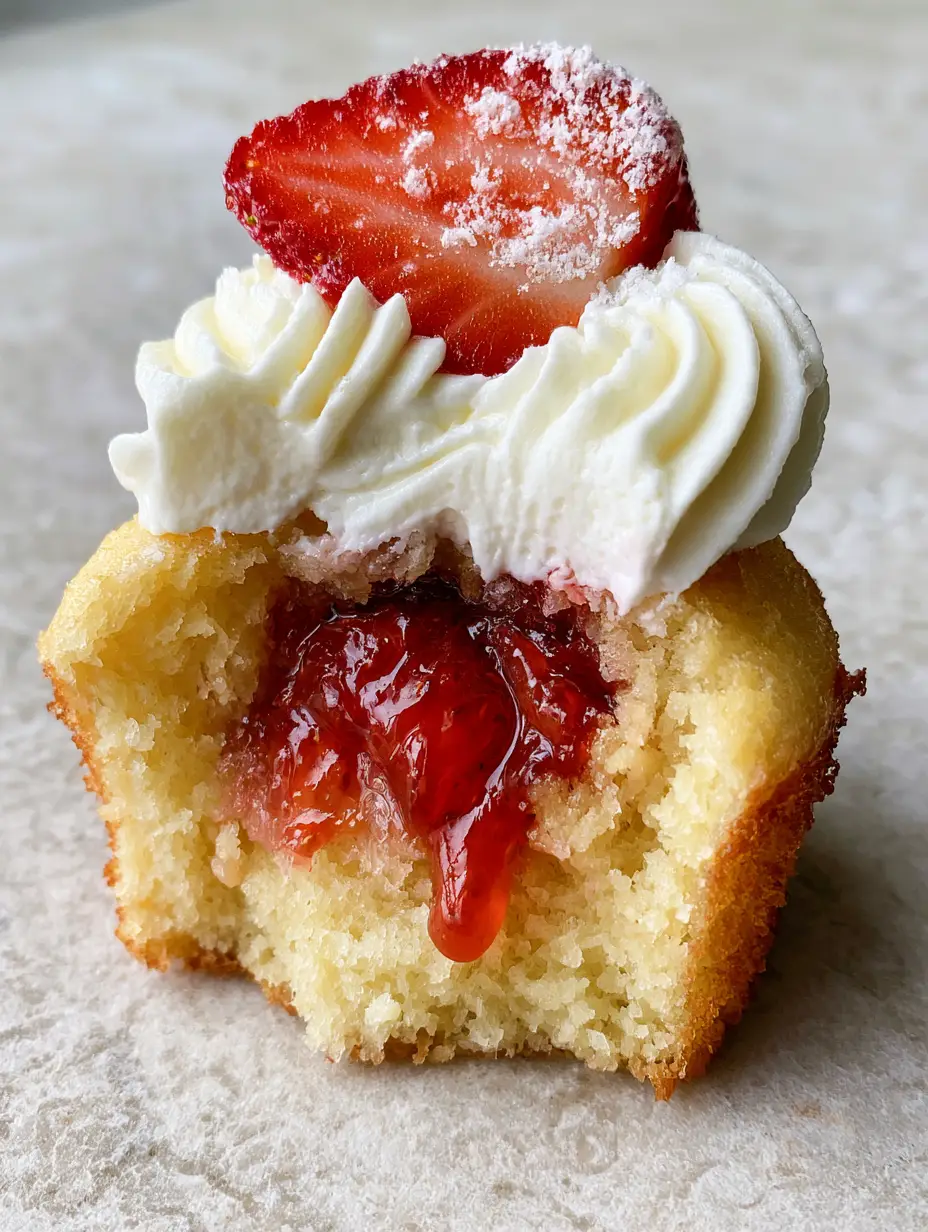 Strawberries and Cream Cupcakes: The Ultimate Moist Vanilla and Fresh Berry Recipe 4 An eye-level close-up of a freshly bitten strawberries and cream cupcakes revealing a golden sponge and dripping red jam core.