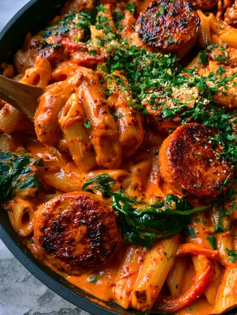 Cajun Chicken Sausage Pasta: A Creamy One-Pot Skillet Masterpiece 1 A wooden spoon lifting a scoop of Cajun chicken sausage pasta from a matte black skillet, showing the sauce texture.