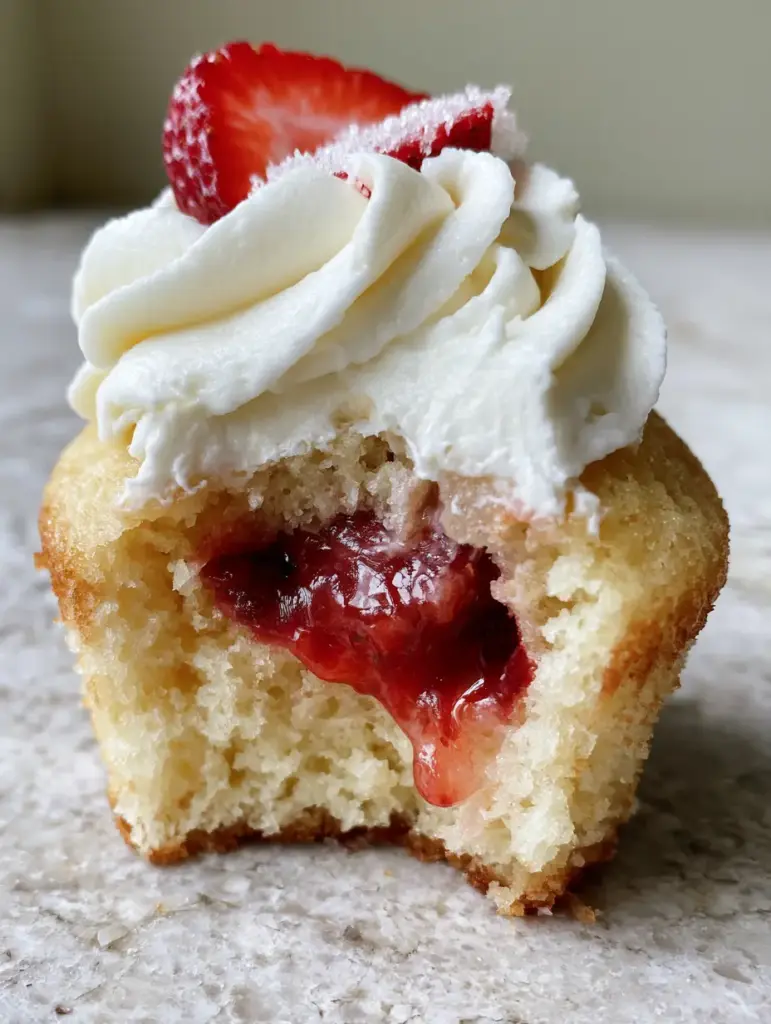 Strawberries and Cream Cupcakes: The Ultimate Moist Vanilla and Fresh Berry Recipe 1 Close-up of perfectly piped white whipped cream frosting on strawberries and cream cupcakes with a fresh berry garnish.