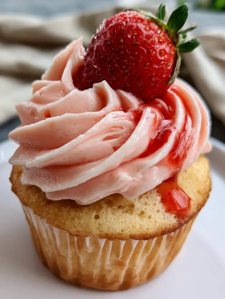 Erdbeer-Cupcakes: The Ultimate Recipe for a Golden Sponge and Stable Pink Frosting 1 Professional food photography of erdbeer-cupcakes with glossy coulis drizzle.