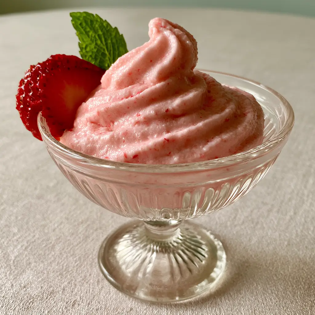 Strawberry Dole Whip: The Ultimate 5-Ingredient Dairy-Free Soft Serve 2 Close-up of Strawberry Dole Whip showing the velvety texture and strawberry seed specks.
