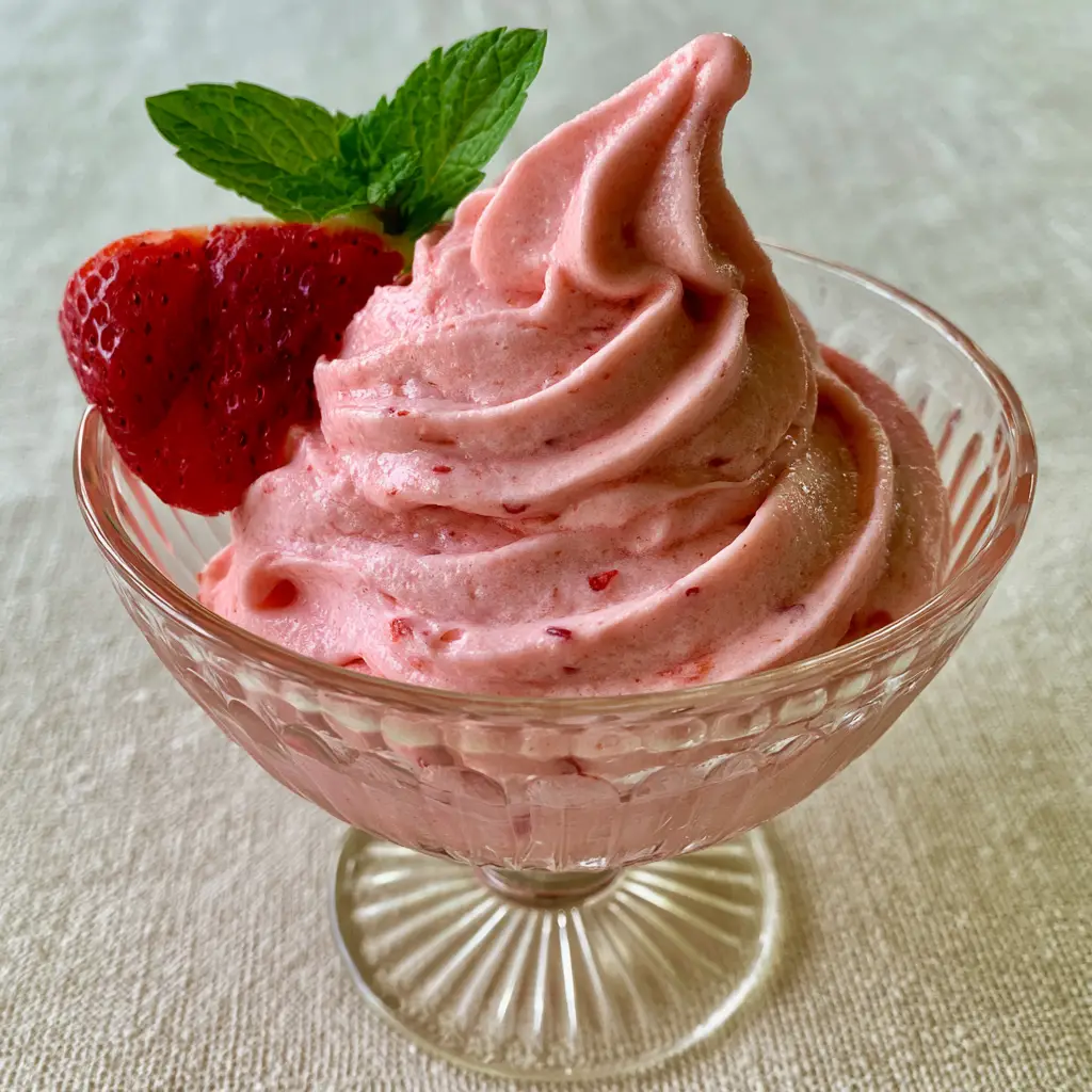 Strawberry Dole Whip: The Ultimate 5-Ingredient Dairy-Free Soft Serve 1 Strawberry Dole Whip garnished with a strawberry slice and mint leaf on a linen tablecloth.