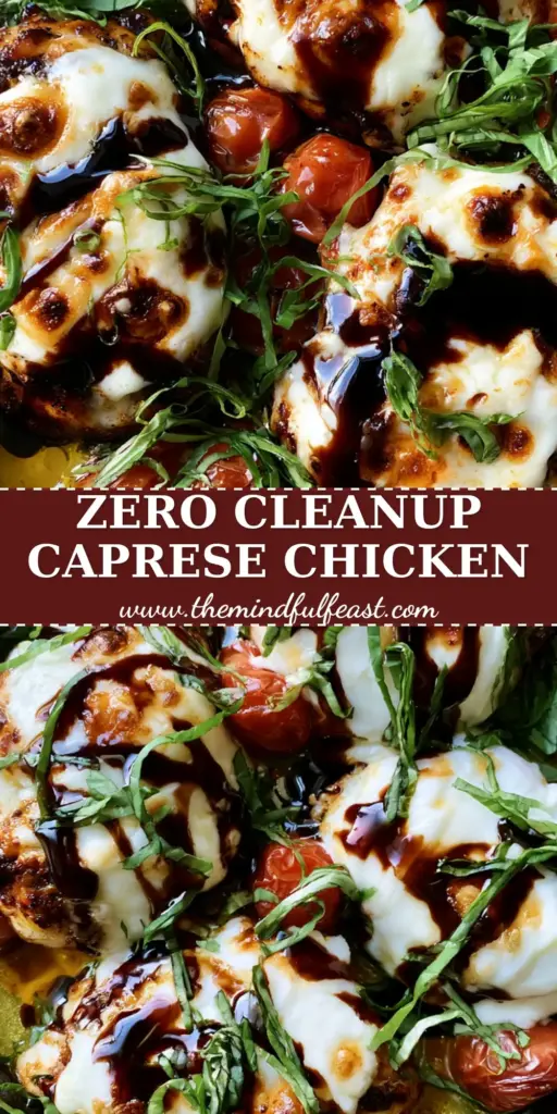 Caprese Chicken with Blistered Tomatoes and Balsamic Glaze 3 Top-down view of 4 golden-brown seared Caprese Chicken breasts in a cast iron skillet with melted mozzarella and balsamic glaze.