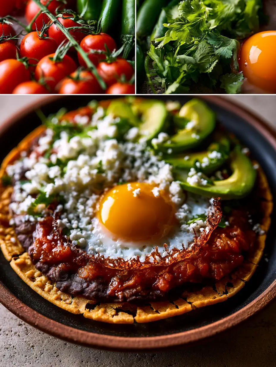 Huevos rancheros Recipe: The Ultimate Authentic Morning Feast 3 Split screen showing fresh vine tomatoes and serrano peppers next to a finished plate of Huevos rancheros with runny yolk.