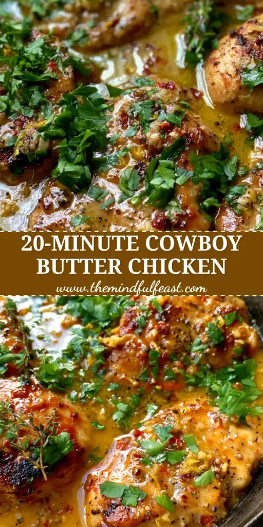 Cowboy Butter Chicken: The Ultimate 20-Minute Cast Iron Dinner 3 A top-down view of cowboy butter chicken medallions in a cast iron skillet with glistening golden herb sauce, chili flakes, and fresh parsley.