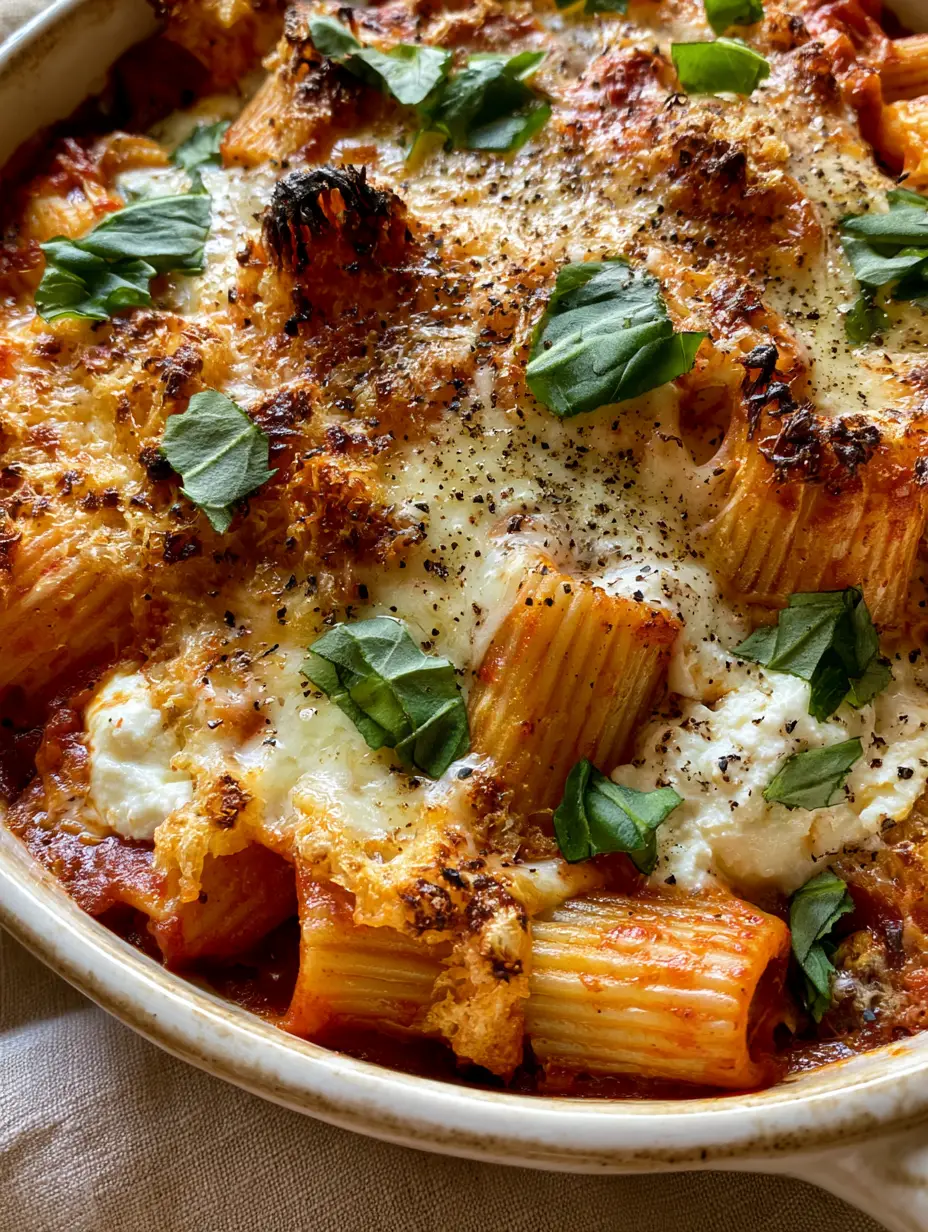 Pasta al Forno Recipe: The Ultimate Cheesy Baked Rigatoni with Ricotta 3 Extreme close-up of Rigatoni Pasta al Forno showing glossy red sauce and perfectly charred cheese edges. (Pasta al Forno recipe)