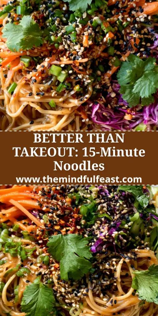 Asian Sesame Noodle Salad with Ginger Amber Dressing 4 A top-down view of a vibrant Asian Sesame Noodle Salad in a ceramic bowl, featuring julienned carrots, purple cabbage, and cucumber ribbons with a glossy amber dressing.