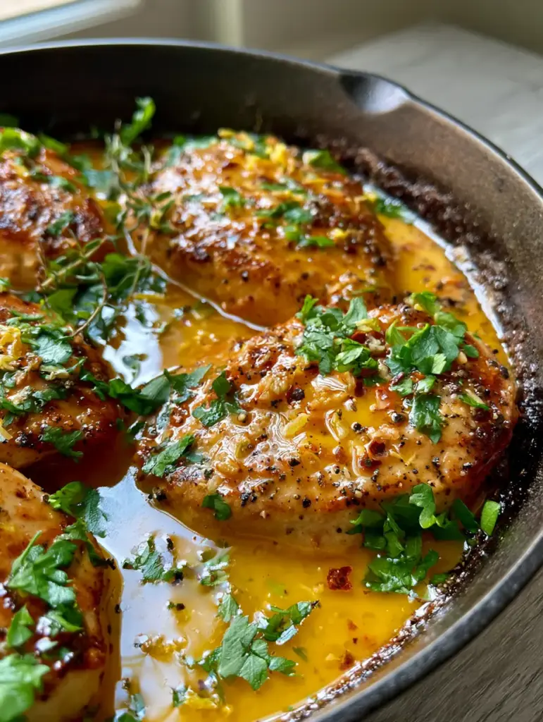 Home 6 Close-up of seared chicken breast medallions coated in a shimmering yellow cowboy butter sauce with garlic and herbs.