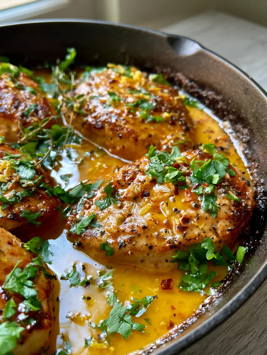 Cowboy Butter Chicken: The Ultimate 20-Minute Cast Iron Dinner 4 Close-up of seared chicken breast medallions coated in a shimmering yellow cowboy butter sauce with garlic and herbs.