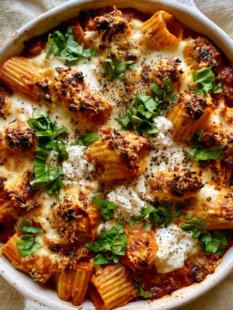 Pasta al Forno Recipe: The Ultimate Cheesy Baked Rigatoni with Ricotta 1 Detailed shot of creamy ricotta dollops nestled between rigatoni tubes in a Pasta al Forno recipe.