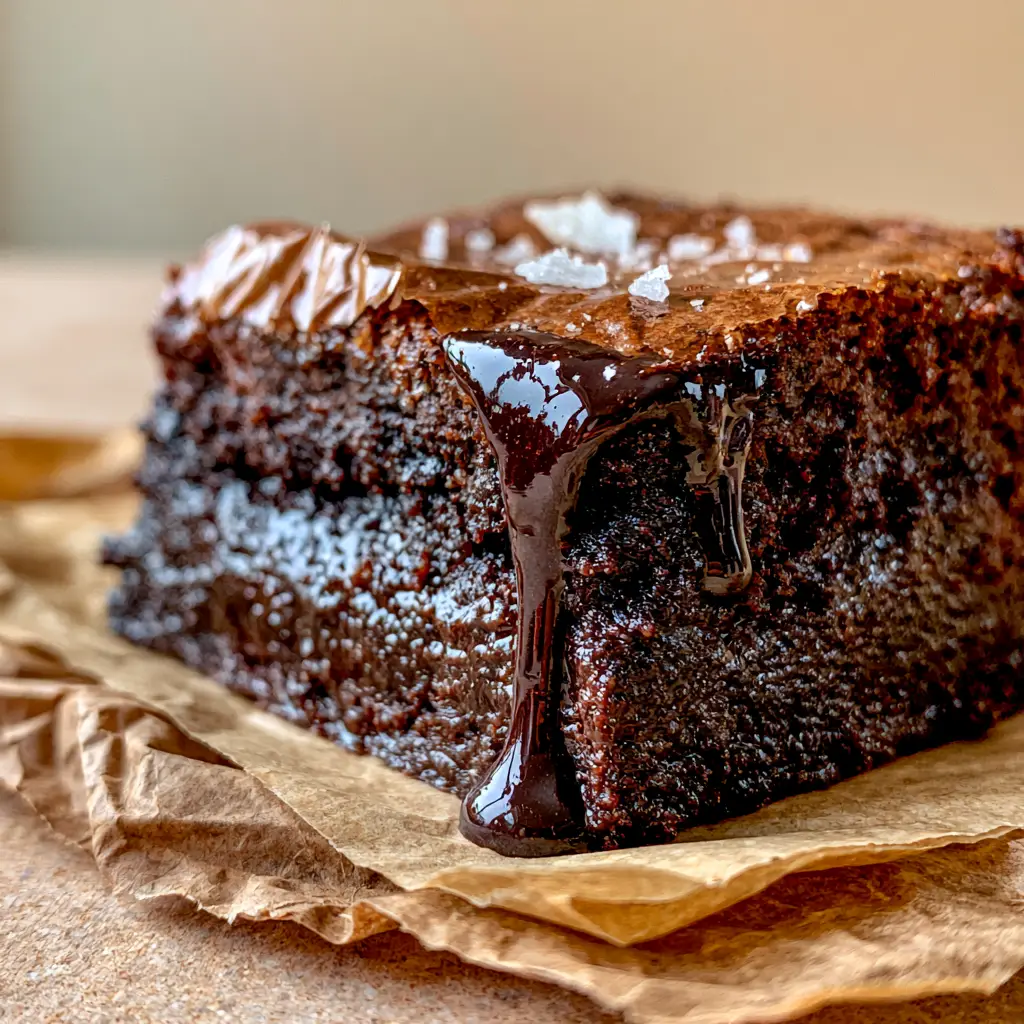 Macro photo of a Fudgy Cocoa Brownie square showing the gooey center and paper-thin shiny crinkled top crust.