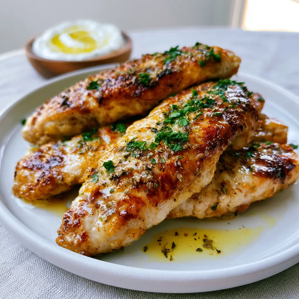 Greek Chicken Tenders with Lemon Garlic Butter and Creamy Tzatziki 2 Close-up of juicy Greek chicken tenders with visible herb flecks and a shimmering oil pool on a white ceramic plate.