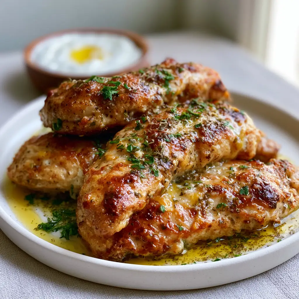 Greek Chicken Tenders with Lemon Garlic Butter and Creamy Tzatziki 1 A handheld shot of Greek chicken tenders dripping with lemon garlic butter, showcasing the vibrant green parsley and wooden bowl of tzatziki in the background.