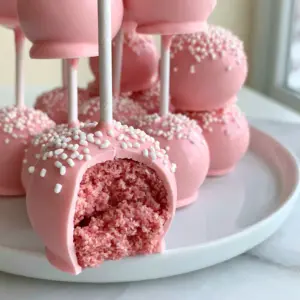 Close-up of pink cake pops with a clean bite showing the dense, doughy pink crumb. (Starbucks Cake Pops)