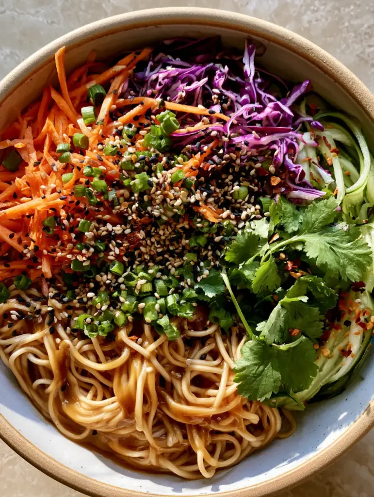 Asian Sesame Noodle Salad with Ginger Amber Dressing 1 Overhead view of Asian Sesame Noodle Salad showing the contrast between orange carrots, purple cabbage, and green cilantro leaves.