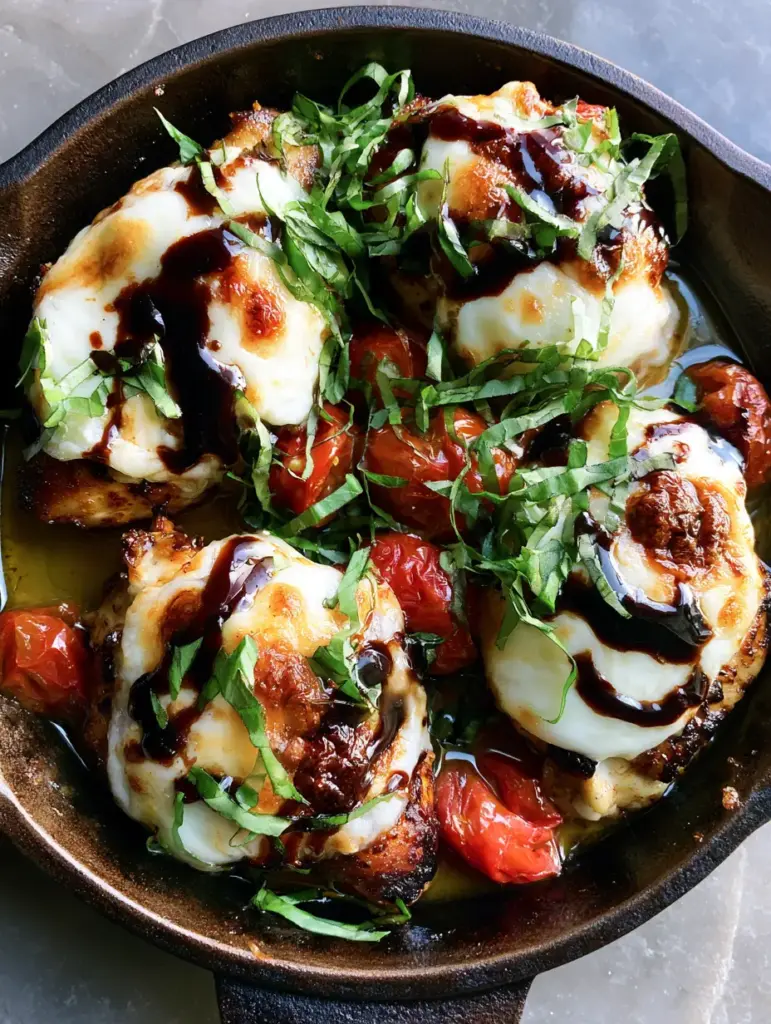 Caprese Chicken with Blistered Tomatoes and Balsamic Glaze 2 Close-up of seared chicken breasts smothered in melted white mozzarella with dark mahogany balsamic glaze swirls and blistered cherry tomatoes. (Caprese Chicken)