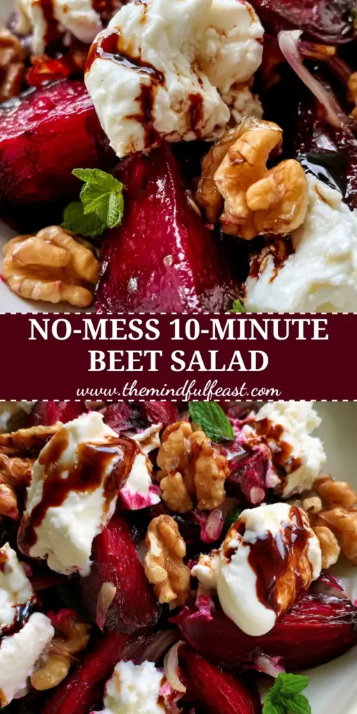 Beet Salad with Roasted Ruby Wedges and Creamy Goat Cheese 4 A gourmet Beet Salad with ruby red roasted wedges, creamy goat cheese crumbles, and toasted walnuts in a white bowl.