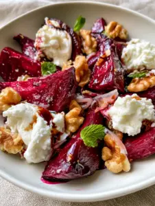 Extreme macro top-down view of a Beet Salad showing glossy ruby red wedges and translucent shallots.