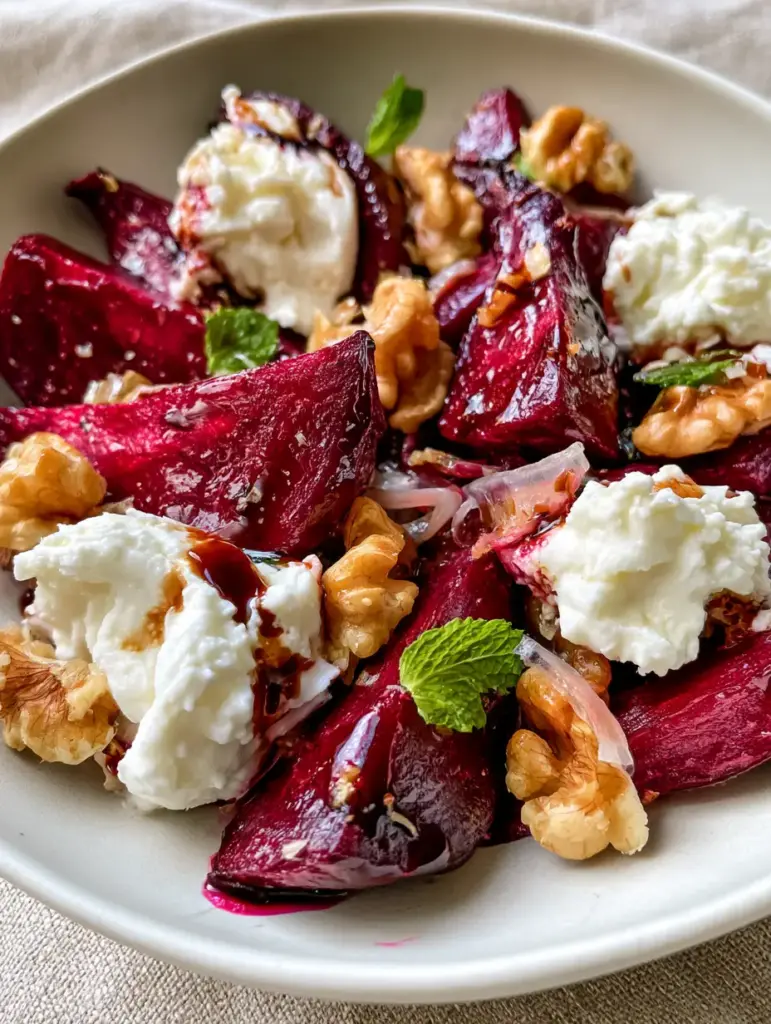 Extreme macro top-down view of a Beet Salad showing glossy ruby red wedges and translucent shallots.