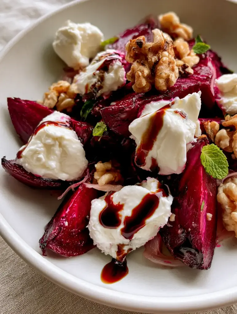 Beet Salad with Roasted Ruby Wedges and Creamy Goat Cheese 1 Close-up of toasted walnut halves and thick balsamic glaze drizzle on a fresh Beet Salad.