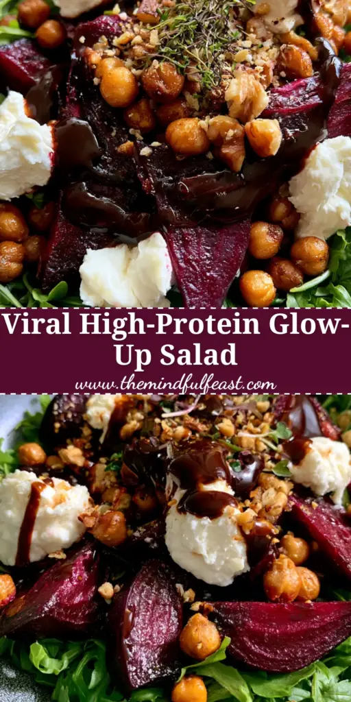 Roasted Beet Arugula Chickpea Salad with Crispy Walnuts 4 A top-down view of a Roasted Beet Arugula Chickpea Salad in a charcoal bowl with mahogany balsamic glaze drizzle and white goat cheese.