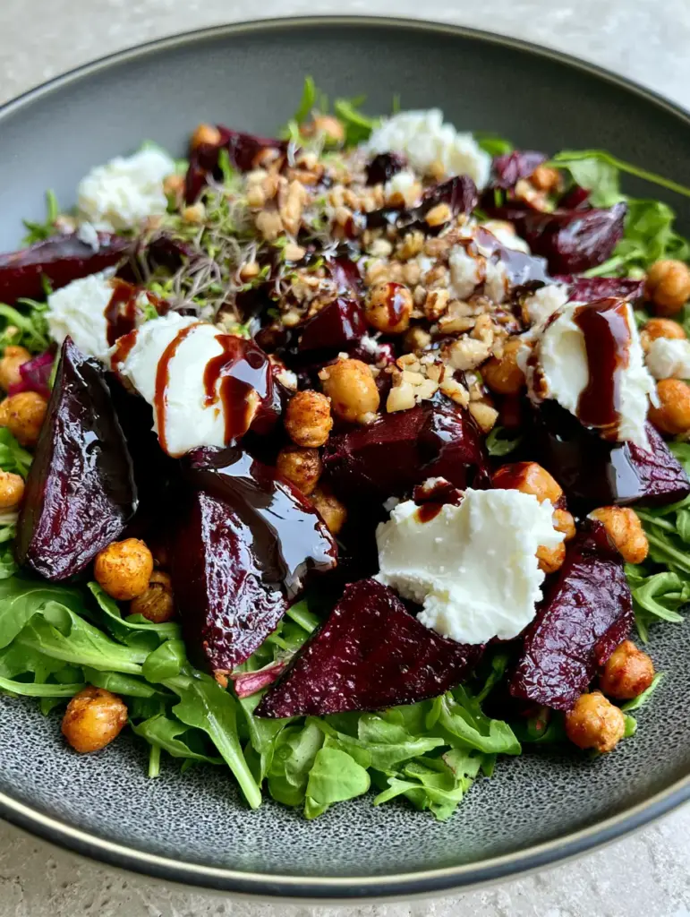 Roasted Beet Arugula Chickpea Salad with Crispy Walnuts 2 Close-up macro shot of jewel-toned roasted beets and golden-brown chickpeas in a Roasted Beet Arugula Chickpea Salad.