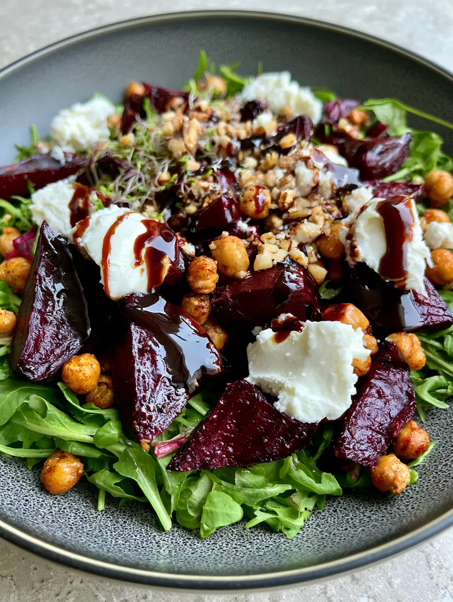 Close-up macro shot of jewel-toned roasted beets and golden-brown chickpeas in a Roasted Beet Arugula Chickpea Salad.