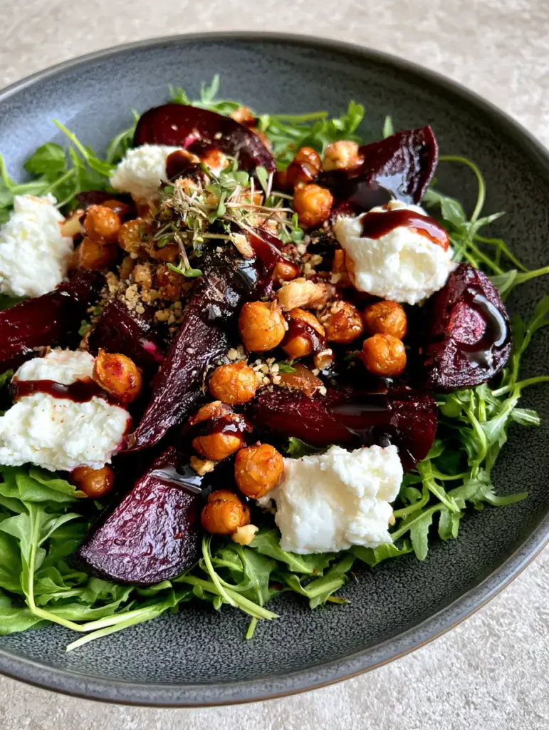 Roasted Beet Arugula Chickpea Salad with Crispy Walnuts 1 Smartphone photo of Roasted Beet Arugula Chickpea Salad on a grey stone countertop in natural morning light.