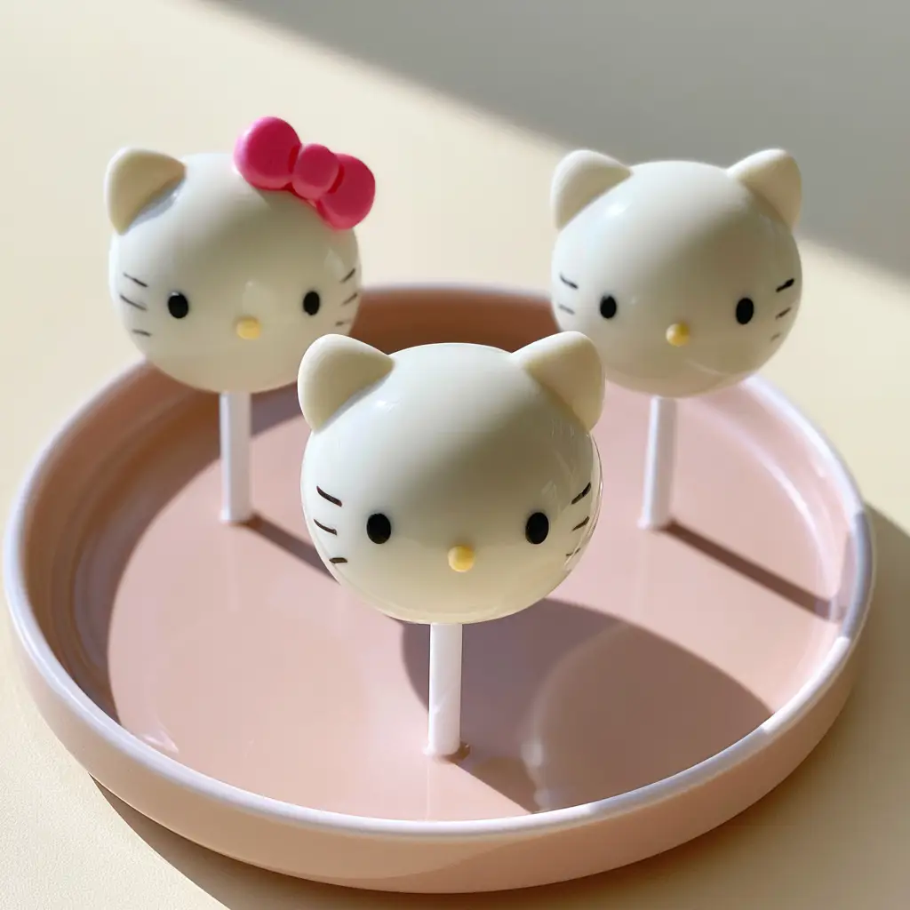 Hello Kitty Cake Pops: The Ultimate Guide to Perfect Sanrio Sweets 2 Macro shot of smooth white chocolate hello kitty cake pops with black edible ink eyes.