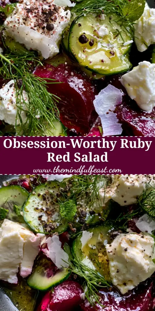 Beet Cucumber Salad with Roasted Ruby Red Wedges and Creamy Feta 4 Top-down macro shot of a gourmet Beet Cucumber Salad in a charcoal bowl featuring roasted beet wedges and creamy feta chunks.