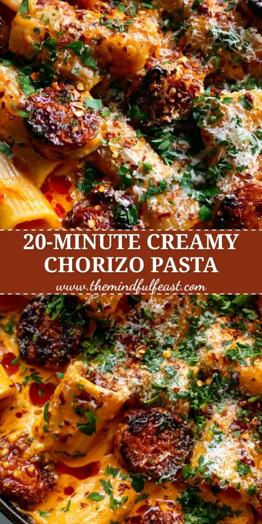 Creamy Chorizo Pasta with Spicy Seared Sausage and Rigatoni 4 An overhead view of a rustic cast iron skillet filled with Creamy Chorizo Pasta, featuring glossy orange sauce and charred sausage slices.