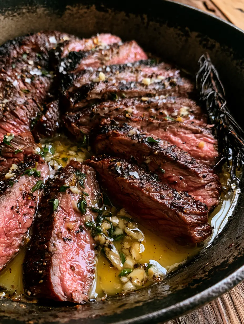 Flat Iron Steak Recipe with Garlic Butter and Fresh Herbs 4 Extreme close-up of sliced flat iron steak recipe showing the pink medium-rare center and charred crust.