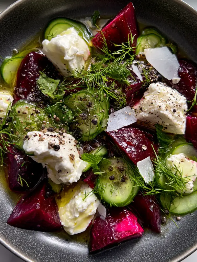 Beet Cucumber Salad with Roasted Ruby Red Wedges and Creamy Feta 2 Close up of roasted ruby red beet wedges and sliced Persian cucumbers with lemon-herb vinaigrette. (Beet Cucumber Salad)