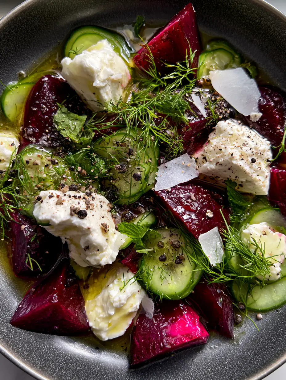 Beet Cucumber Salad with Roasted Ruby Red Wedges and Creamy Feta 3 Close up of roasted ruby red beet wedges and sliced Persian cucumbers with lemon-herb vinaigrette. (Beet Cucumber Salad)