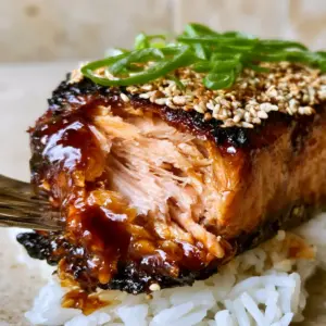 Extreme close-up of Teriyaki Salmon being pulled apart by a fork to reveal moist, pale pink flaky interior layers and a dark amber glaze.