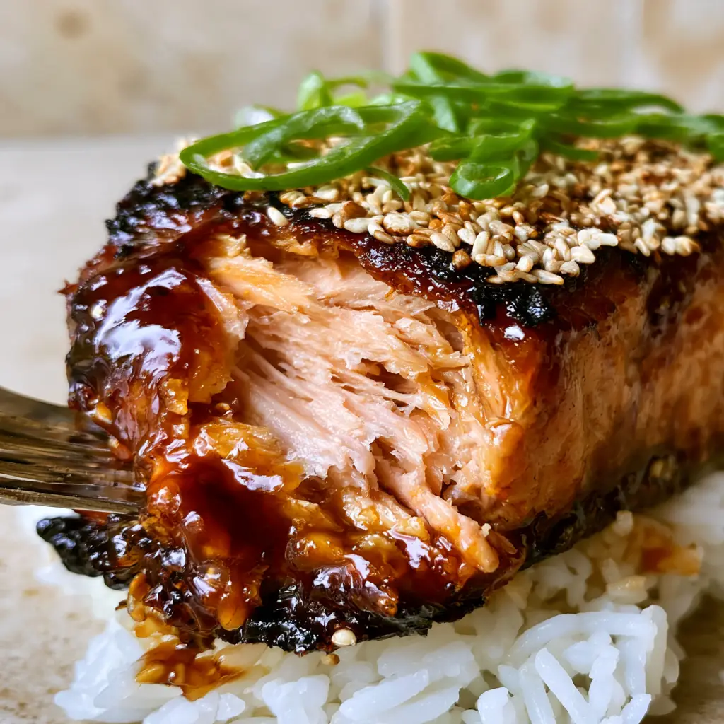 Teriyaki Salmon with a Thick Amber Glaze and Crispy Edges 2 Extreme close-up of Teriyaki Salmon being pulled apart by a fork to reveal moist, pale pink flaky interior layers and a dark amber glaze.
