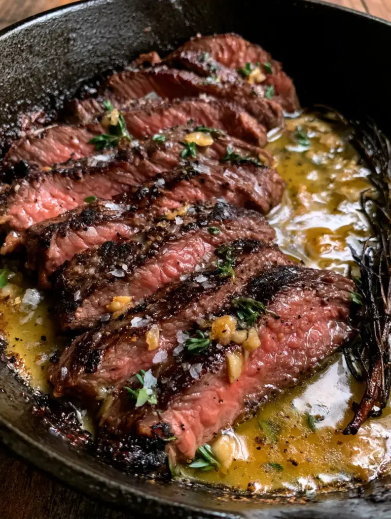 Flat Iron Steak Recipe with Garlic Butter and Fresh Herbs 1 Close-up of garlic butter pooling around sliced steak with fresh thyme leaves and black pepper. (flat iron steak recipe)