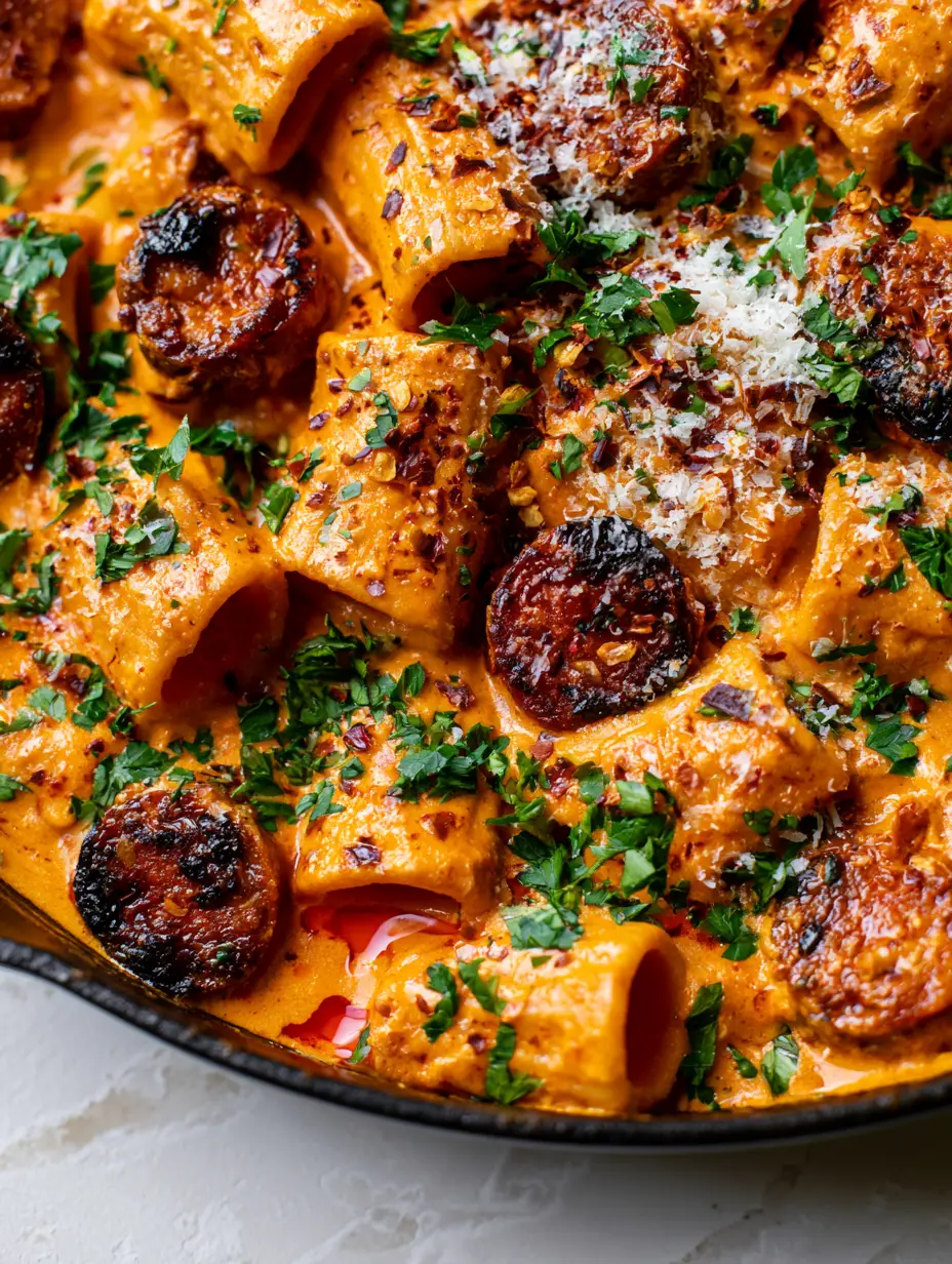 Creamy Chorizo Pasta with Spicy Seared Sausage and Rigatoni 3 Extreme close-up of rigatoni pasta coated in a thick orange-red cream sauce with spicy chorizo slices and green parsley. (Creamy Chorizo Pasta)