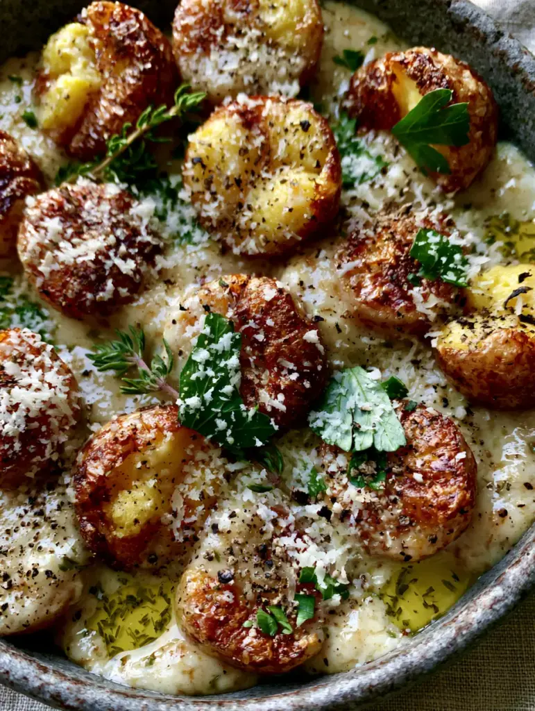 Creamy Garlic Baby Potatoes with Crispy Golden Skins and Herb Butter 1 Top-down view of baby potatoes in a ceramic skillet covered in snowy parmesan cheese and fresh thyme sprigs. (creamy garlic baby potatoes)
