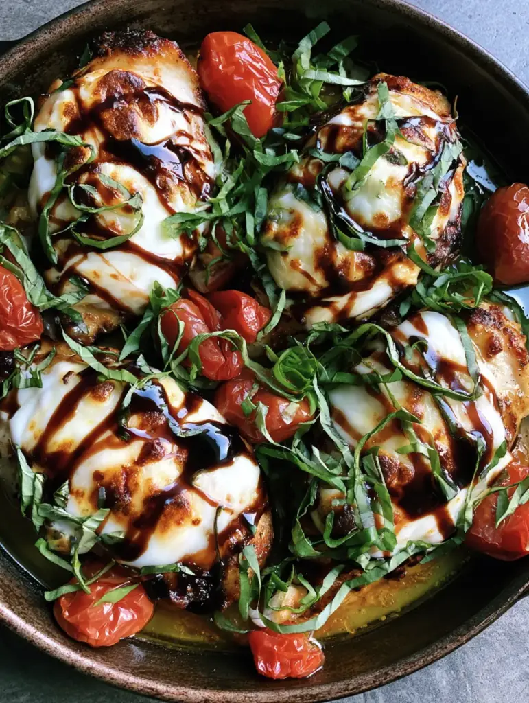 Caprese Chicken with Blistered Tomatoes and Balsamic Glaze 1 A rustic cast iron skillet containing Caprese Chicken with shimmering golden pan juices, fresh basil ribbons, and burst cherry tomatoes.