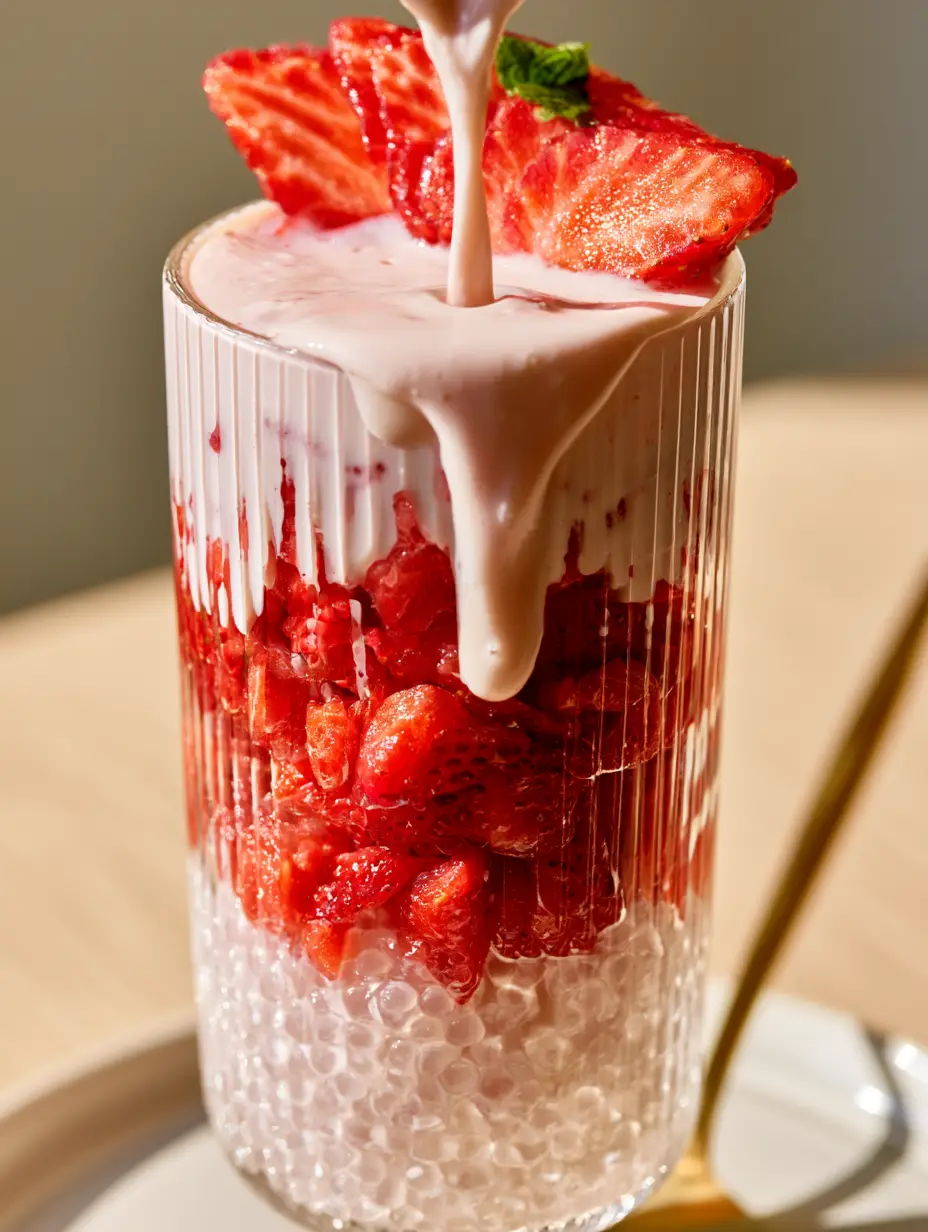 Strawberry Sago: The Ultimate Creamy Home-Cafe Dessert Recipe 4 Close-up of pink cream pouring over fresh strawberries in a Strawberry Sago. (Strawberry Sago)