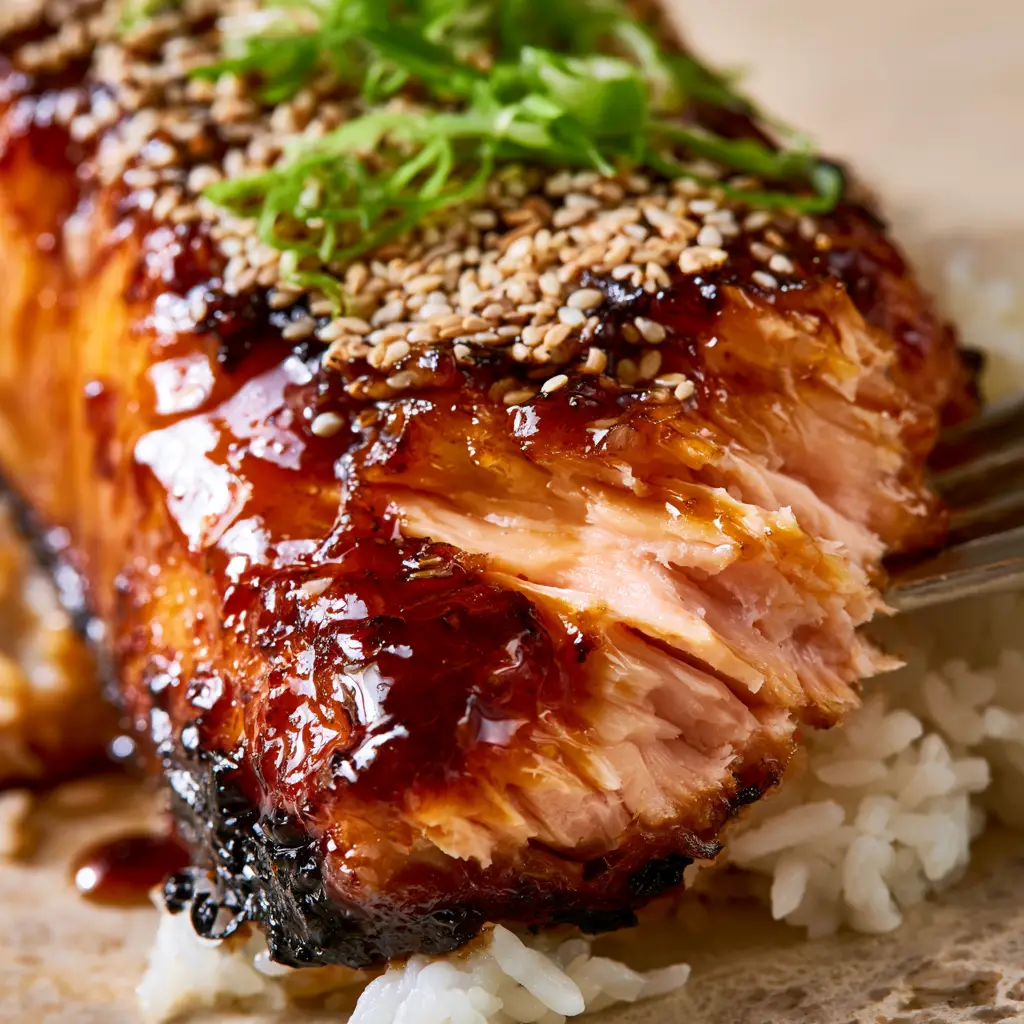 Teriyaki Salmon with a Thick Amber Glaze and Crispy Edges 1 A top-down view of Teriyaki Salmon with heavy toasted sesame seeds, green scallions, and charred crispy edges on jasmine rice.