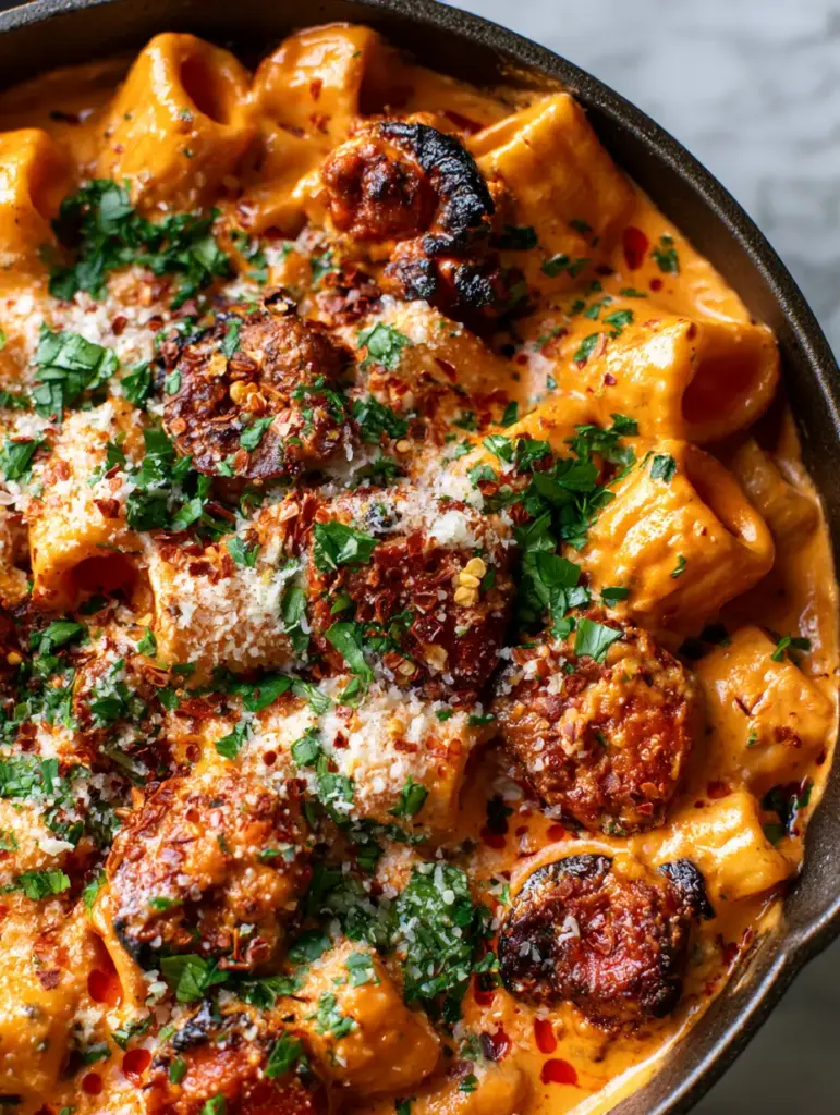 Creamy Chorizo Pasta with Spicy Seared Sausage and Rigatoni 1 Close-up of seared spicy chorizo slices with charred edges sitting atop a bed of creamy orange pasta. (Creamy Chorizo Pasta)