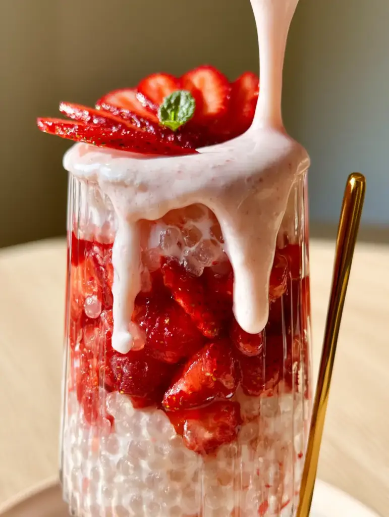 Strawberry Sago: The Ultimate Creamy Home-Cafe Dessert Recipe 1 Top view of fanned strawberries and a mint sprig garnish on a Strawberry Sago.