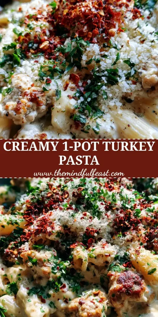 Ground Turkey Pasta with Velvety Garlic Cream Sauce and Golden Searing 4 A close-up of creamy ground turkey pasta with penne, glossy ivory sauce, and bright red pepper flakes in a dark bowl. (ground turkey pasta)