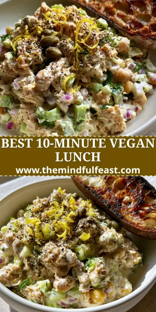 Chickpea Tuna Salad: The Ultimate Creamy Plant-Based Sandwich Filler 4 A close-up shot of creamy chickpea tuna salad in an off-white bowl with toasted sourdough bread on a linen cloth.