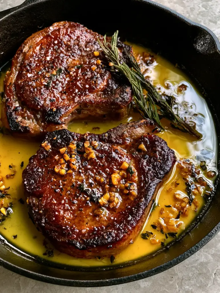 Pork Shoulder Steak with Garlic Butter and Charred Rosemary 2 Close-up of two thick-cut pork shoulder steaks sizzling in a seasoned matte black skillet with golden garlic bits. (pork shoulder steak)