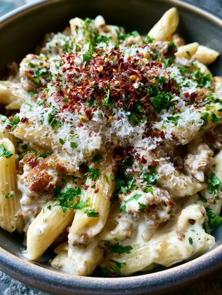 Ground Turkey Pasta with Velvety Garlic Cream Sauce and Golden Searing 2 Top-down view of ground turkey pasta showing the seared golden-brown turkey crumbles and micro-planed parmesan. (ground turkey pasta)