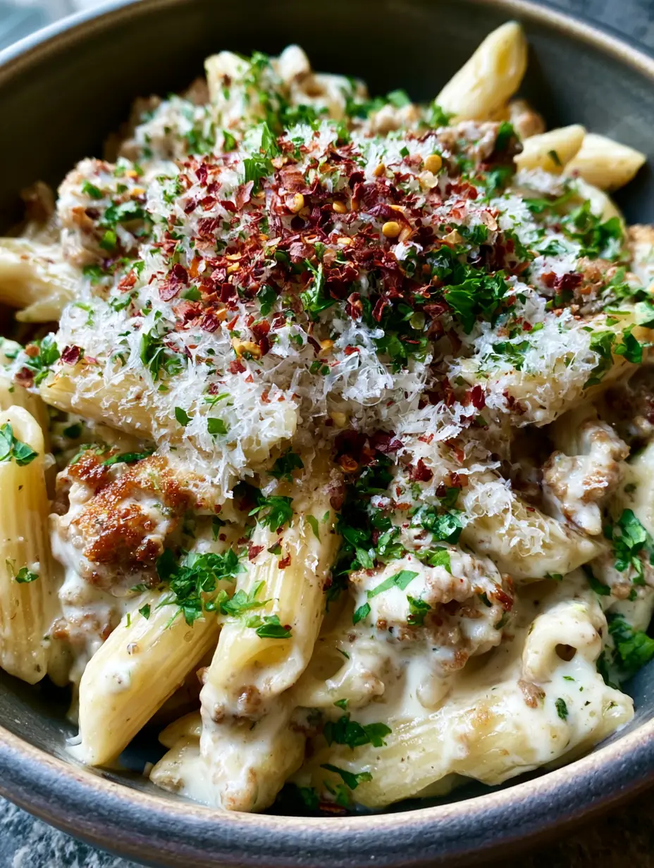 Ground Turkey Pasta with Velvety Garlic Cream Sauce and Golden Searing 3 Top-down view of ground turkey pasta showing the seared golden-brown turkey crumbles and micro-planed parmesan. (ground turkey pasta)