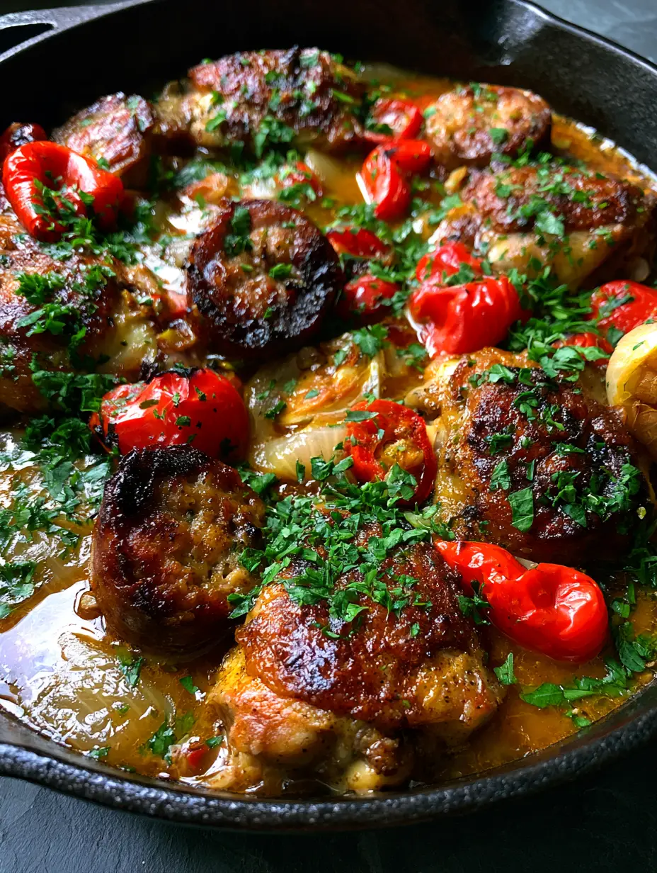 Chicken scarpariello: The Ultimate Crispy Skillet Recipe 3 Close-up of crispy seared chicken thighs and Italian sausage in Chicken scarpariello sauce.